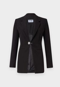 Blazer nero con revers a punta, chiusura a singolo bottone e due tasche frontali. Realizzato in tessuto morbido, presenta un interno in raso e linee pulite.