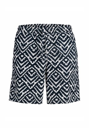 Tmavomodré šortky s bielym geometrickým diamantovým a šikmým vzorom, elastickým pásom a nastaviteľnou šnúrkou.