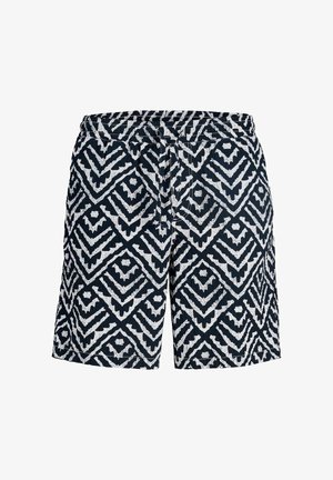 Navy blue shorts with white geometric diamond and chevron pattern, elastic waistband, and adjustable drawstring.
