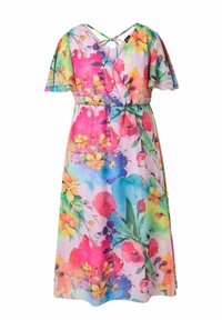 Květinové zavinovací šaty s krátkými volánovými rukávy, živým vícemalovaným květinovým vzorem a zavazovacími detaily na lehké látce.