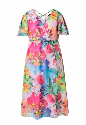 Sukienka kopertowa w kwiaty z krótkimi, rozkloszowanymi rękawami, żywym, wielokolorowym kwiatowym wzorem i wiązaniem z tyłu na lekkim materiale.