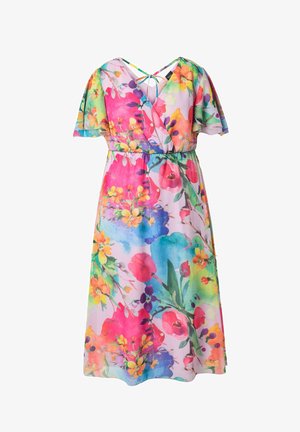 Sukienka kopertowa w kwiaty z krótkimi, rozkloszowanymi rękawami, żywym, wielokolorowym kwiatowym wzorem i wiązaniem z tyłu na lekkim materiale.