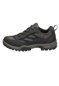 Scarpa da escursionismo nera con tomaia texturizzata e dettagli grigi, design con lacci, colletto imbottito e suola robusta. Ideale per attività all'aperto.