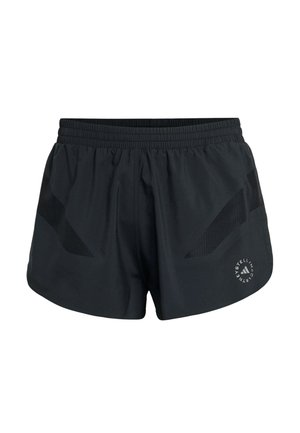 Black athletic shorts with elastic waistband, mesh side panels, and circular Adidas by Stella McCartney logo on left leg.