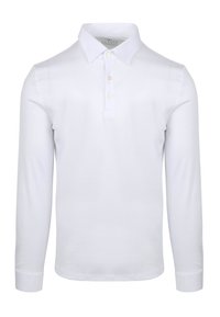 Witte lange mouwen polo shirt gemaakt van zachte stof, met een klassieke kraag, drie-knoopsluiting en aansluitende manchetten. Soepele textuur.