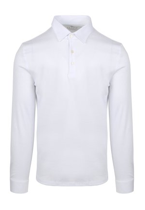 Witte lange mouwen polo shirt gemaakt van zachte stof, met een klassieke kraag, drie-knoopsluiting en aansluitende manchetten. Soepele textuur.