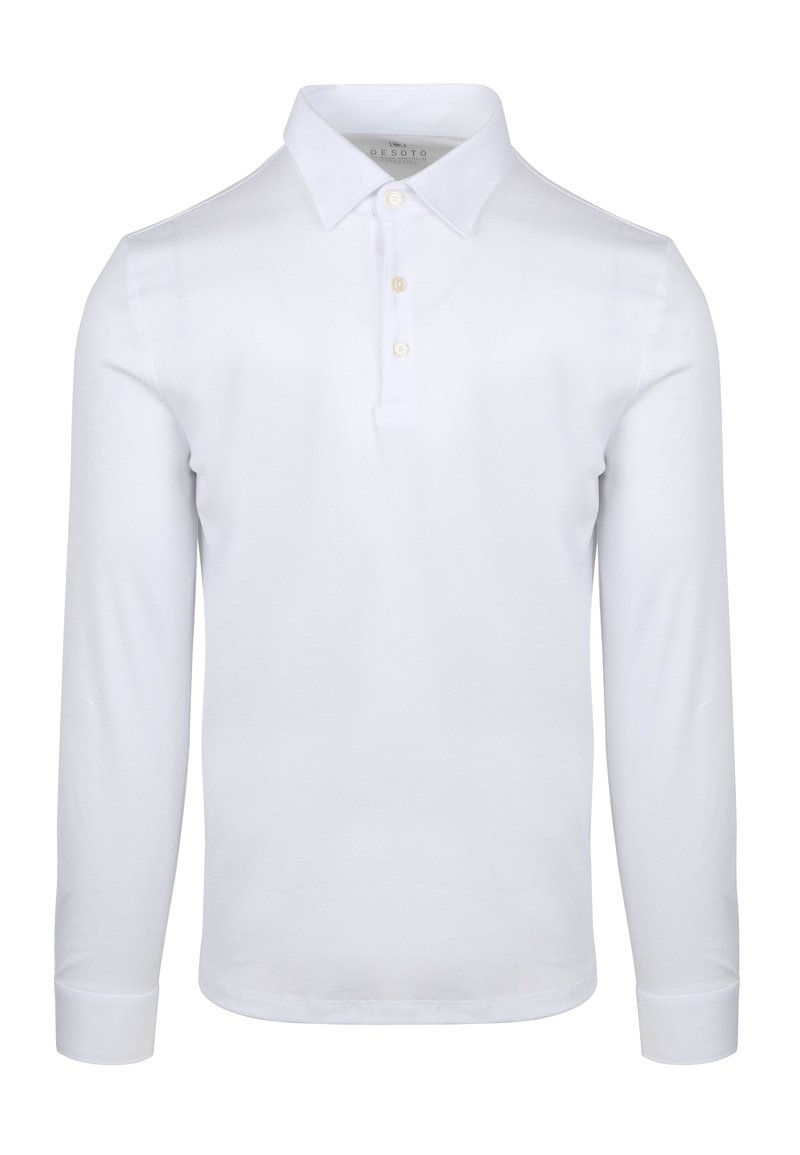 Witte lange mouwen polo shirt gemaakt van zachte stof, met een klassieke kraag, drie-knoopsluiting en aansluitende manchetten. Soepele textuur.