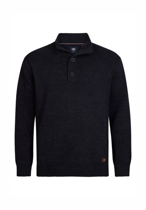 Pullover in maglia a manica lunga di un blu navy scuro con polsini e orlo a coste, colletto alto con bottoni e una piccola etichetta in pelle del marchio sull'orlo.