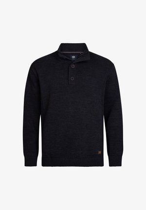 Donker marineblauw gebreid sweatshirt met lange mouwen, geribde manchetten en zoom, een knoopsluiting aan de hoge kraag en een klein leren merklabel aan de zoom.