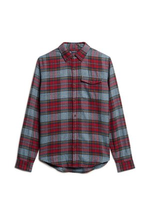 Red and blue plaid flannel shirt with a button-down collar, long sleeves, and a single chest pocket. Soft texture with a relaxed fit.