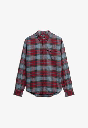 Rood en blauw geruit flanellen shirt met een button-down kraag, lange mouwen, en een enkele borstzak. Zachte textuur met een losse pasvorm.