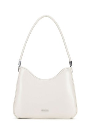 White leather shoulder bag with curved top edge, single strap, and a small rectangular metal logo plate on the front.