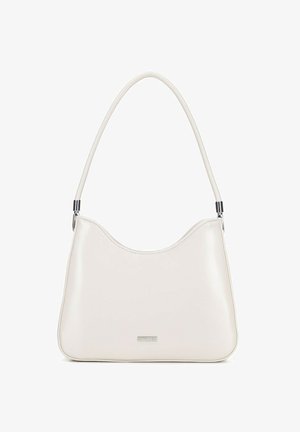 White leather shoulder bag with curved top edge, single strap, and a small rectangular metal logo plate on the front.