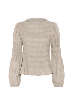 Beige blouse met smockdetails, ronde halslijn, lange pofmouwen, peplum-zoom en subtiele glans. Heeft horizontale plooidetails.