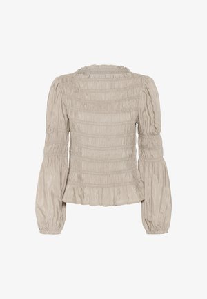 Beige smokked bluse med rund halsudskæring, lange puffede ærmer, peplum-hæm og subtil glans. Har vandrette samlingsdetaljer.