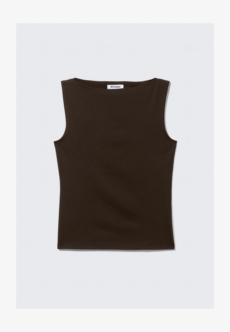 Braunes ärmelloses Oberteil aus dehnbarem Stoff, mit leicht gerundetem Ausschnitt und figurbetonter Silhouette. Etikett: WEEKDAY.