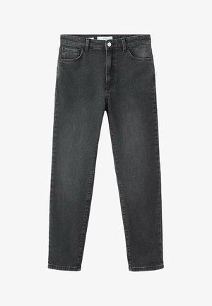 Jeans skinny negri, cu talie înaltă, cu buzunare frontale, loop-uri pentru curea și închidere cu un buton metalic.