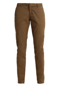 Pantalon en coton marron avec une coupe slim, présentant une fermeture éclair, des passants de ceinture et des poches avant. Le tissu a une finition lisse et texturée.