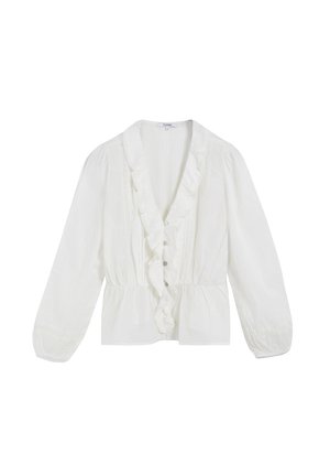 Blusa blanca de manga larga con escote en V con volantes, botones delanteros, cintura fruncida y mangas ligeramente abullonadas con puños elásticos.