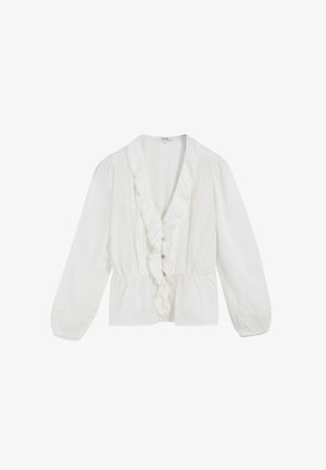 Witte blouse met lange mouwen en een gerimpelde V-hals, knopen aan de voorkant, een geplooide taille en licht opgeblazen mouwen met elastische manchetten.