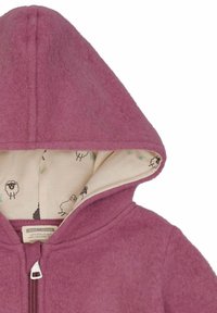 Giacca a cappuccio viola realizzata in lana, con un'interior leggera decorata da motivi di pecora. Chiusura con zip e una texture morbida.