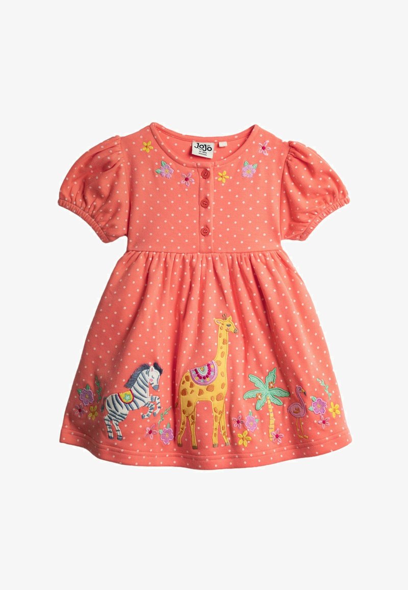 Vestido coral hecho de algodón suave con lunares blancos. Cuenta con mangas abullonadas, botones en el cuello y bordados de animales y flores.