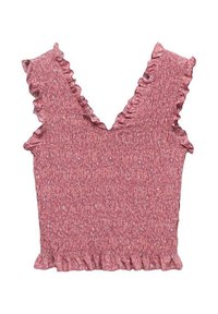 Top floreale rosa arricciato con scollatura a V, spalline a volant e orlo smerlato. Le caratteristiche principali includono un tessuto testurizzato e un design complessivo morbido.
