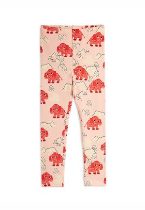 Leggings rosas para niños con impresiones de mamut de dibujos animados rojos y montañas por toda la tela.