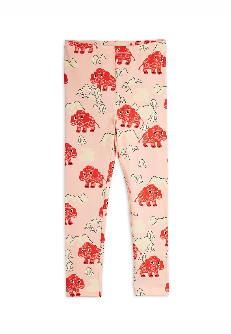 Kinder rosa Leggings mit roten Cartoon-Mammut- und Bergmotiven auf dem gesamten Stoff.