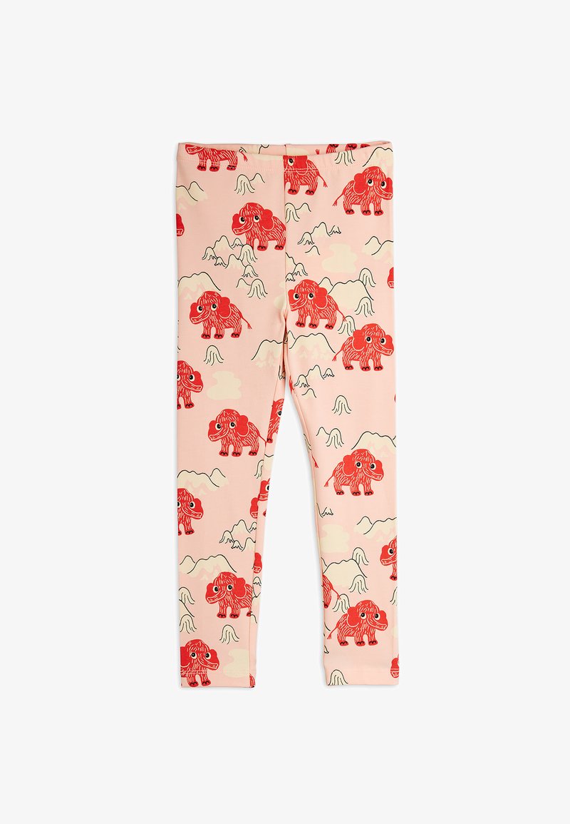 Detské ružové legíny s červenými karikatúrami mamuta a tlačou hôr po celom povrchu látky.