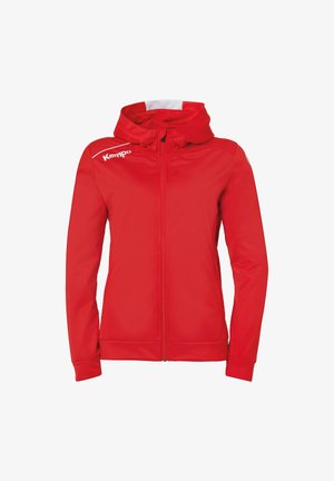 Red zip-up jacket with a hood, made from smooth material. Features white accent stripes and a logo on the left side of the chest.