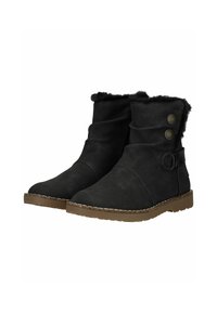 Botas negras hasta el tobillo con un suave forro de piel sintética, diseño arrugado, dos botones decorativos y una suela de goma texturizada en marrón.
