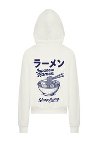 Biała bluza z kapturem z niebieską grafiką miski ramen, pałeczek oraz napisem "Japońskie Ramen" i "Slurp Away" w zabawnych czcionkach.