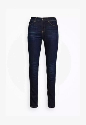 Jeans skinny blu scuro in denim. Presentano cinque tasche, passanti per cintura e cuciture in contrasto. Texture liscia con un design a vestibilità slim.