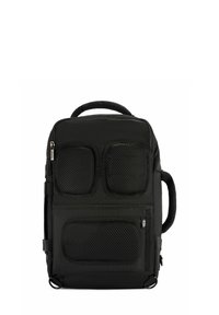 Czarny plecak z wyściełanymi meshowymi kieszeniami, górnym uchwytem, regulowanymi paskami na ramiona, zamykanymi komorami i teksturowanym wykończeniem.