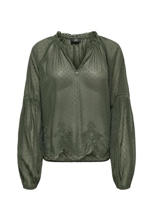 Ilgi piedurknu caurspīdīgs olīvu zaļas krāsas blūze ar punktiņu tekstūru, ar viļņotu apkakli, ziedu izšuvumu tuvumā apakšai un sakrātiem aprocēm.