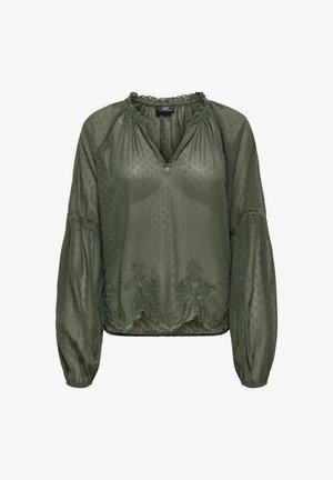 Langærmet, gennemsigtig olivengrøn bluse med prikker, flæset halsudskæring, blomsterbroderi nær kanten og samlede manchetter.