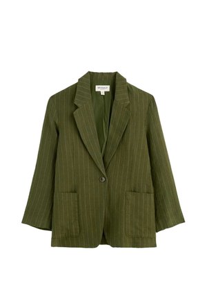 Oliiviroheline joonega pintsaku, millel on sisselõikedega krae, ühe nupuga kinnitamine ja kaks eest küljekotte, märgistatud Seasalt UK suurus 14.