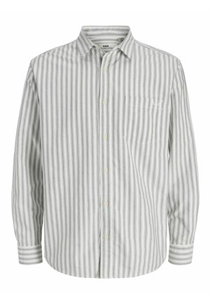 Nupuvärvitud särk helehallis toonis, vertikaalsete triipudega. Puuvillasegune materjal, pikad varrukad, ühe rinnataskuga ja klassikalise kraega.