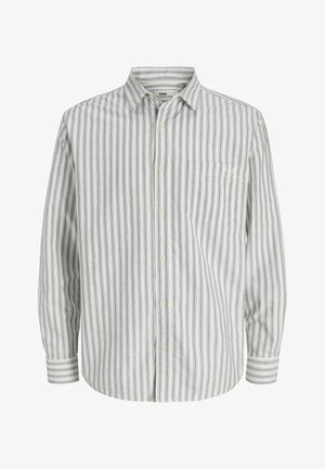 Button-up shirt in light gray with vertical stripes. Cotton blend material, long sleeves, single chest pocket, and classic collar design.