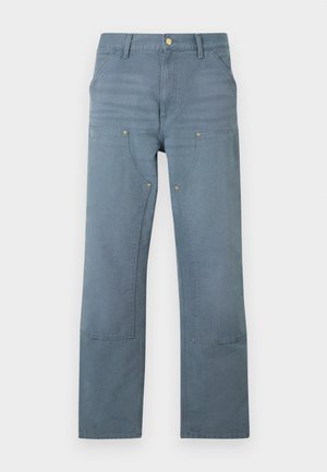 Straight-leg blue denim pants with high waist, front pockets, and reinforced stitching on thighs and knees, laid flat on a white background.