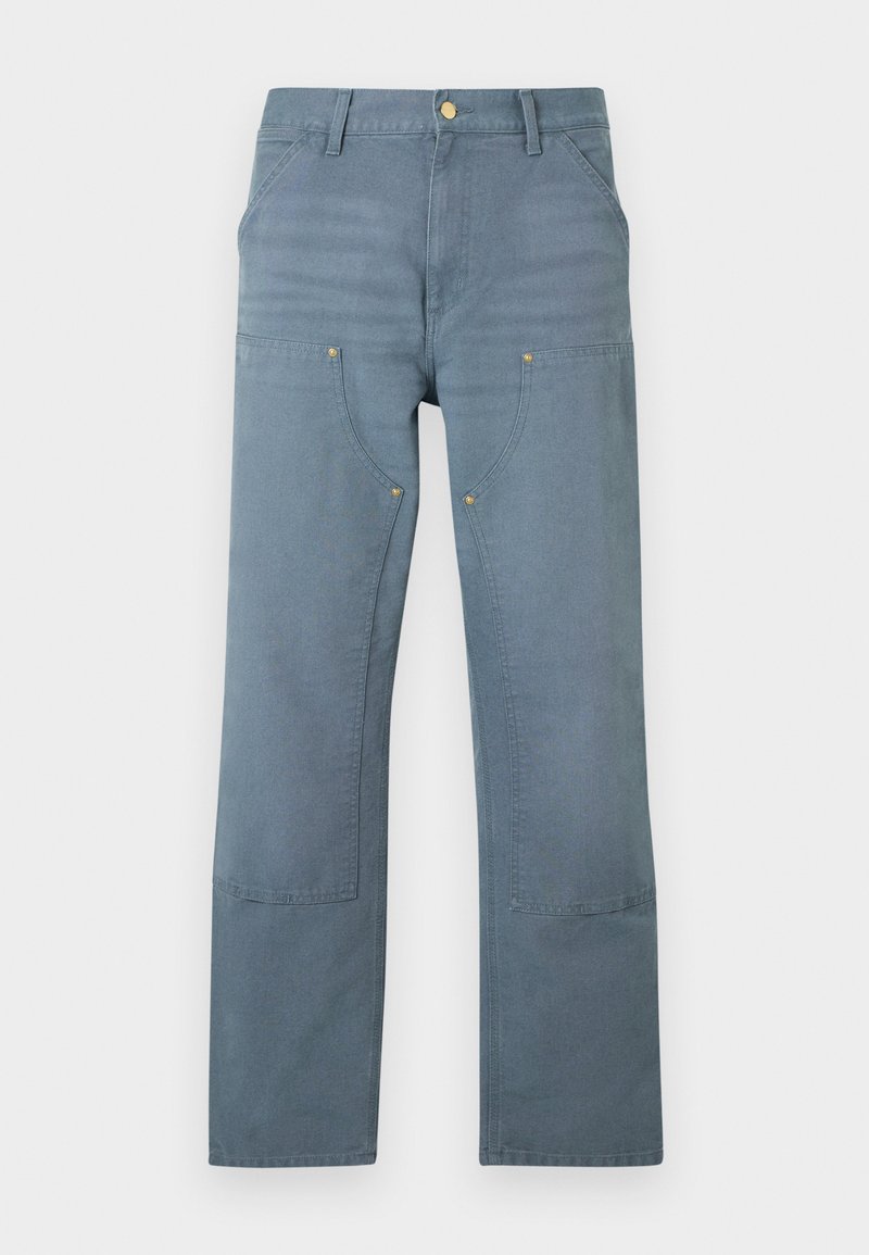 Straight-leg blue denim pants with high waist, front pockets, and reinforced stitching on thighs and knees, laid flat on a white background.