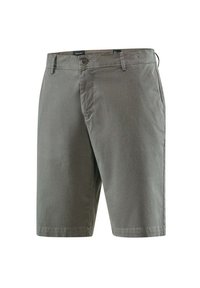 Shorts di cotone grigi con taglio dritto, dotati di chiusura con bottone e tasche laterali. Il tessuto ha una consistenza liscia e una leggera lucentezza.