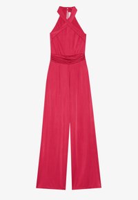 Rosa jumpsuit laget av glatt stoff med halterneck, kryssende stropper, og strammet midje; vide ben med folder.
