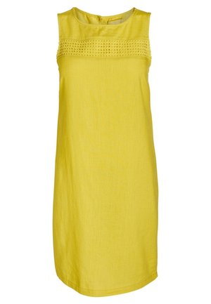 Ærmeløs gul kjole med rund halsudskæring og vandret blondeudsnit over øverste del af brystet. Knælængde, lige snit.