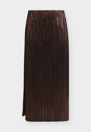 Dark brown metallic pleated midi skirt with a high waist and side slit on a plain light background.