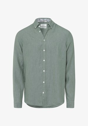 Heren shirt met lange mouwen in gedempt groen linnen, met een button-down kraag en witte knopen, voorzien van een bloemenpatroon aan de binnenkant van de kraag.