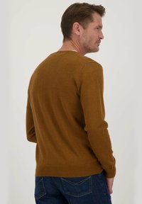 Mosterdkleurige trui met een ronde halslijn en lange mouwen. Zachte textuur, geribbelde zoom, weergegeven vanaf de achterkant, gecombineerd met donkere spijkerbroeken.