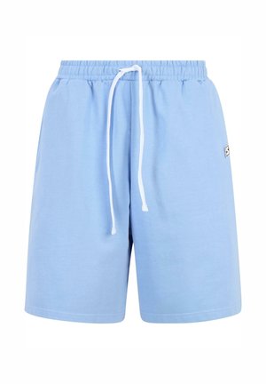 Light blue shorts made of soft fabric, featuring an elastic waistband with a white drawstring and a small logo tag on the side.