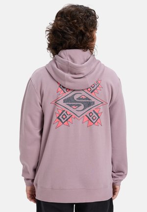 Purple hoodie with a large graphic design on the back featuring geometric shapes and contrasting pink accents. Soft fabric, long sleeves.